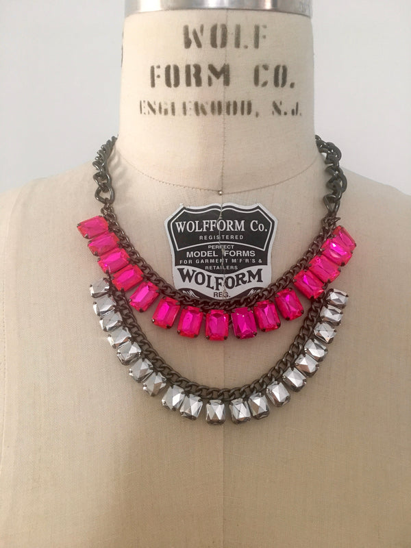 NECKLACE gunmetal collar statement necklace w/ pink & silver gems