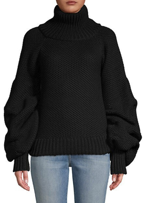 JOHANNA ORITZ women's black IRINA wool sweater with puffed sleeves and oversized ribbed turtleneck, cuffs and hem, 4