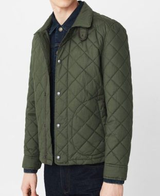 MANGO Mens olive quilted funnel neck jacket w/ pockets, M