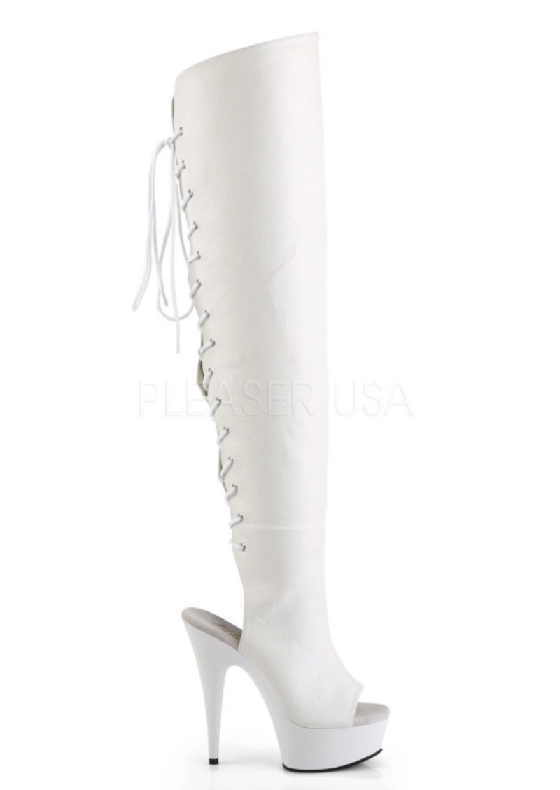 PLEASER Delight-3019 white 6" open toe/heel lace-up back thigh high boot, 9