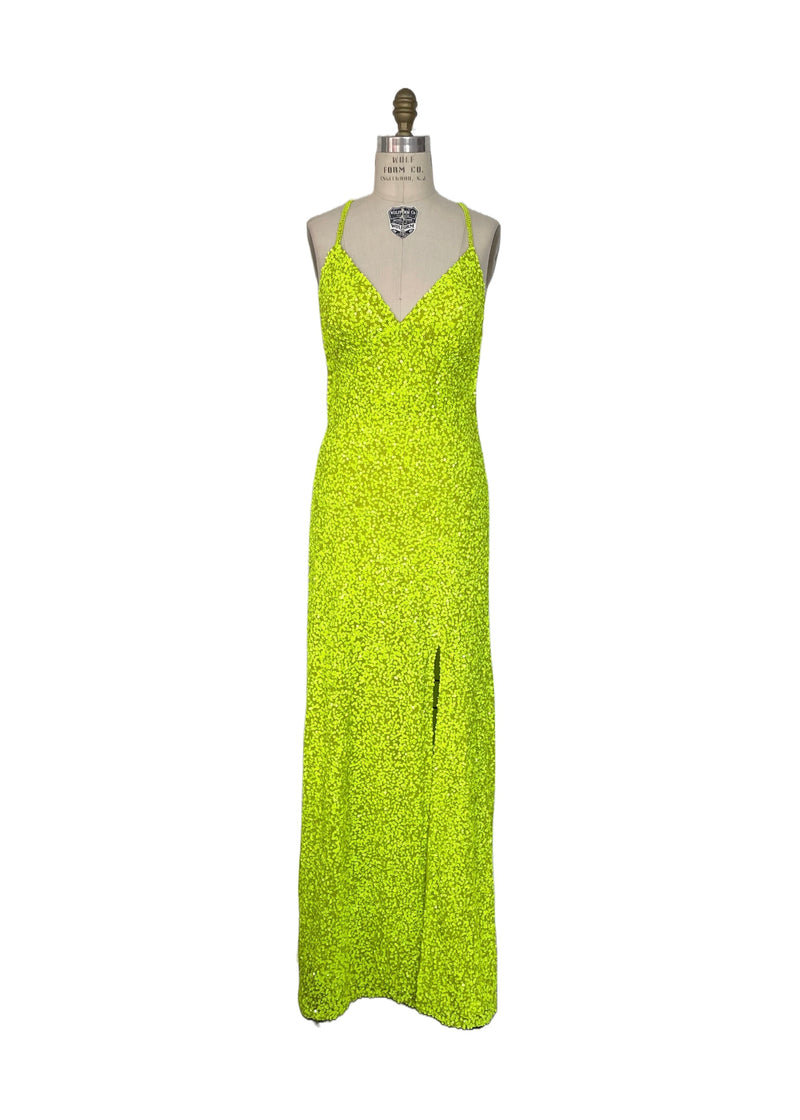SCALA highlighter yellow sequin fitted sheath gown w/ plunging neckline open back & spaghetti straps, 8