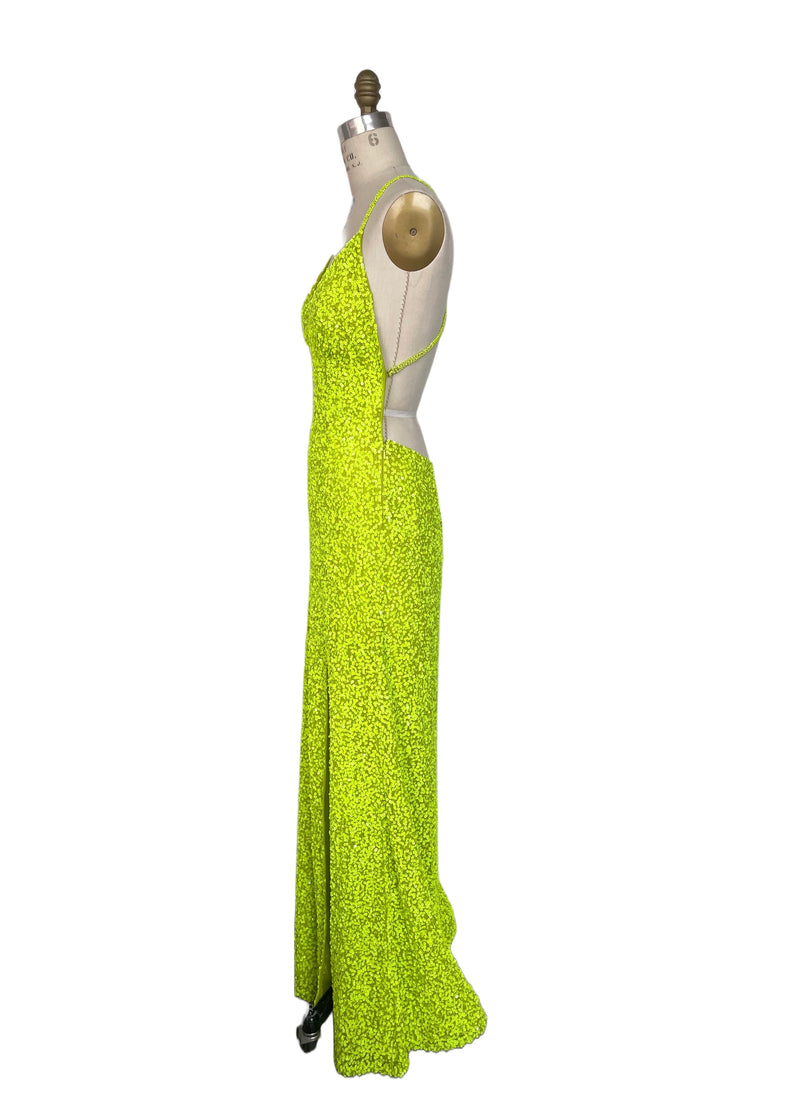SCALA highlighter yellow sequin fitted sheath gown w/ plunging neckline open back & spaghetti straps, 8