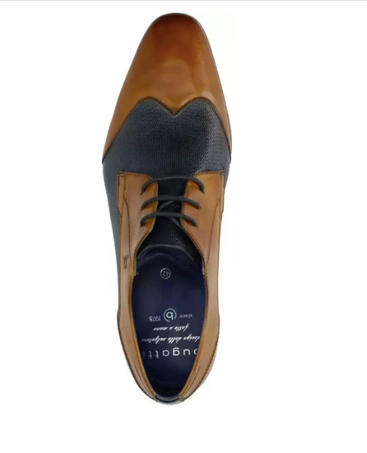 BUGATTI Mens Merino cognac/navy leather dress shoe with wing toe cap, 9