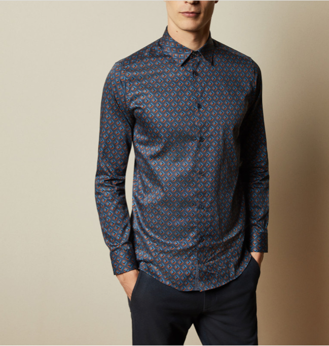 TED BAKER mens blue/rust/black geo-print shirt with small modern semi-spread collar, 4 / L