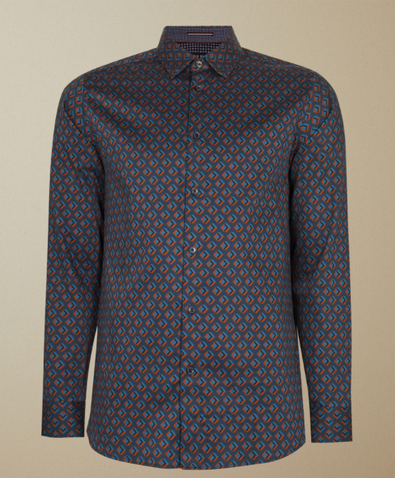 TED BAKER mens blue/rust/black geo-print shirt with small modern semi-spread collar, 4 / L