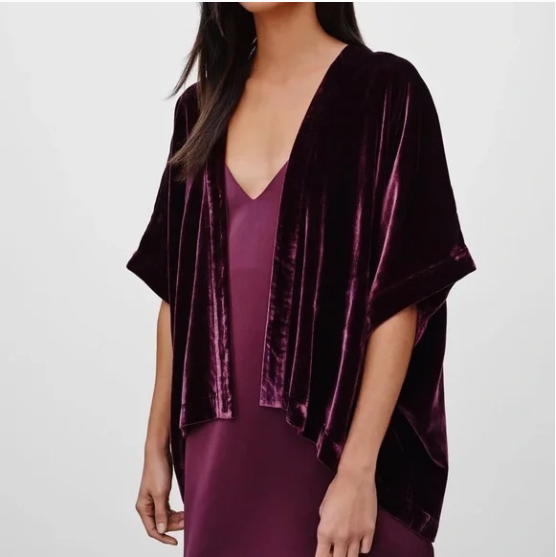 ARITZIA TALULA Women's burgundy velvet 'Fawkner Kimono Cardigan' open front w/ short dolman sleeves & boxy fit, XXS