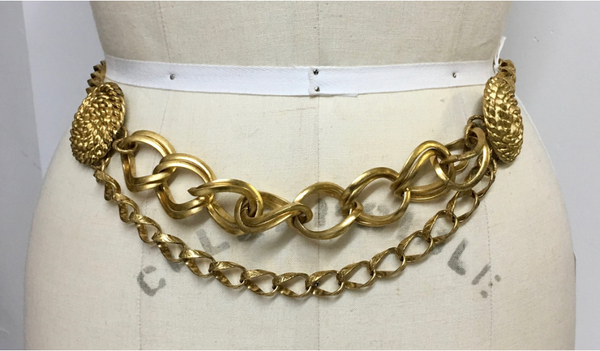 KATE HINES large gold embossed chain belt w/ 2 rope-textured disks, NS