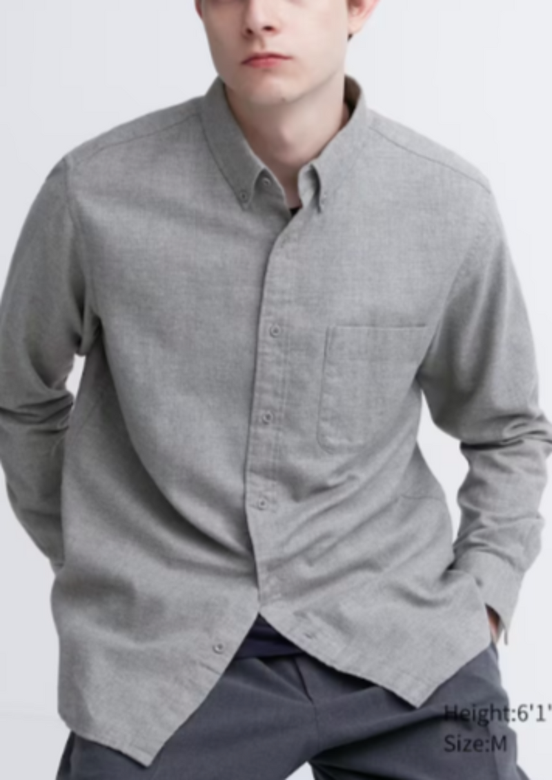 UNIQLO Mens grey lightweight cotton flannel regular fit button down shirt, L