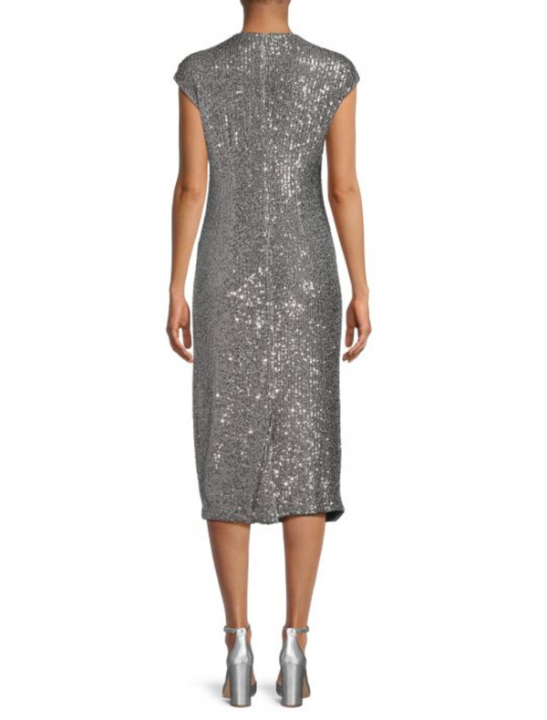 CALVIN KLEIN Women's silver stretch sequin sleeveless column midi cocktail dress, 8