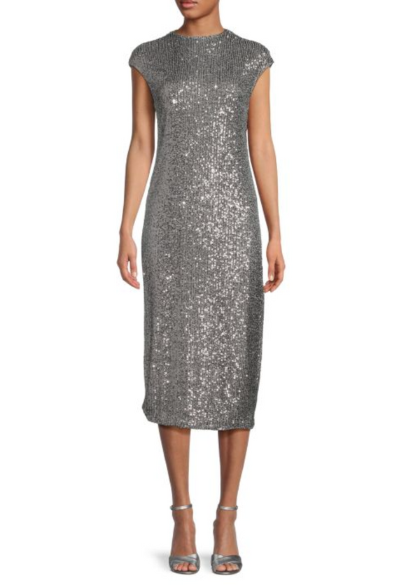 CALVIN KLEIN Women's silver stretch sequin sleeveless column midi cocktail dress, 8