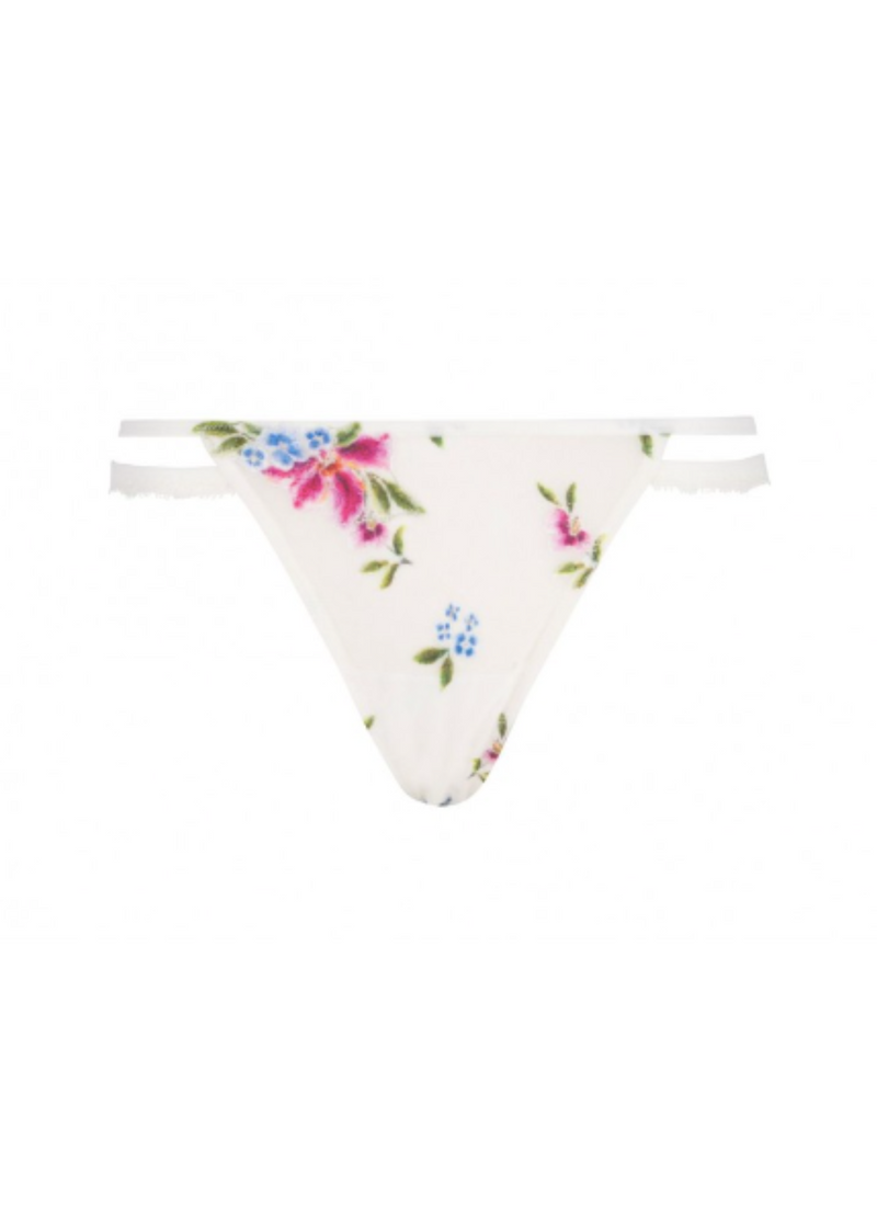 LISE CHARMEL white w/ colourful embroidery "Baisers D Ete Bouquet" thong, XS