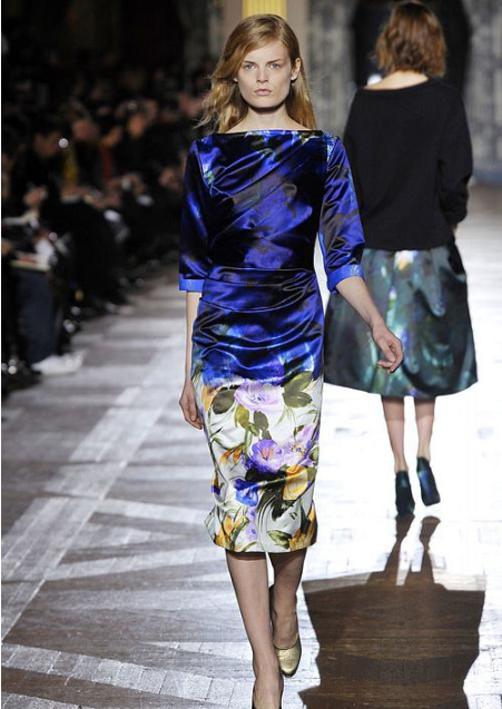 DRIES VAN NOTEN Runway Collection Women's blue multi floral silk satin ruched midi dress, 36 (0/2)