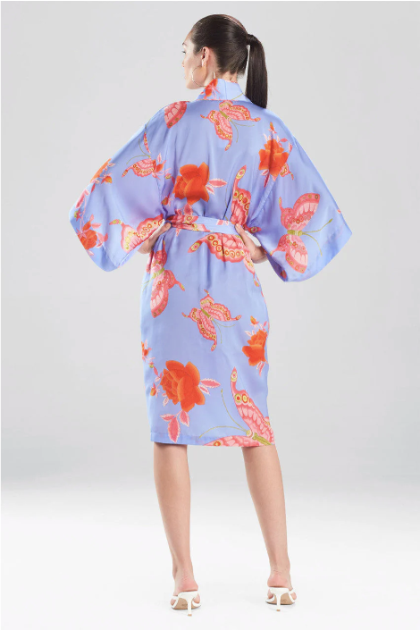 NATORI Women's periwinkle satin "Butterfly Garden Wrap" print robe w/ self sash, M