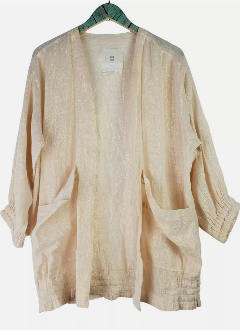 ANTHROPOLOGIE HEI HEI rose gold 'Shimmer Daybreak Cardigan' metallic shrug jacket, XS/S