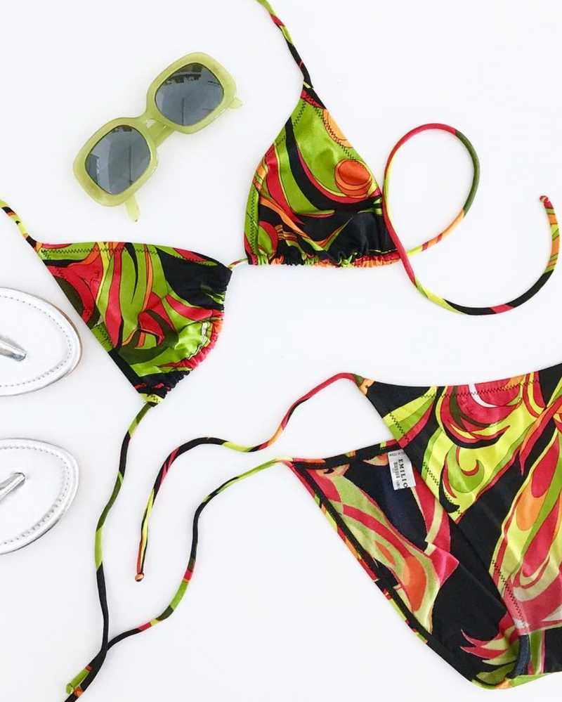 EMILIO PUCCI classic black/green/red print string bikini, XS/S