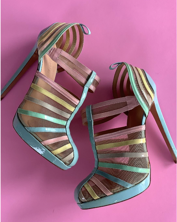 VERSUS Women's pastel patent & nude mesh stilettos, 10