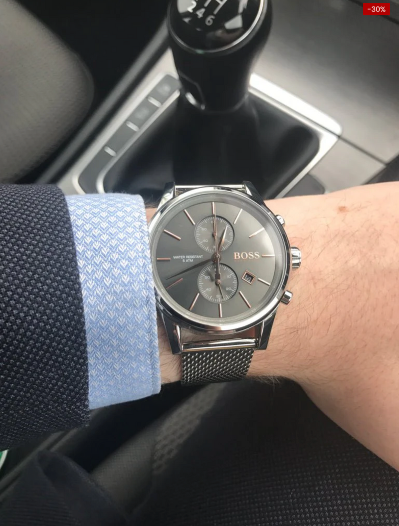 HUGO BOSS Mens silver-tone “Jet Chronograph” gunmetal face watch, 42mm