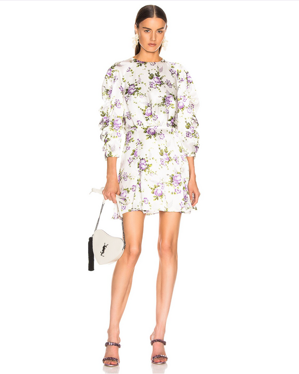 LES REVERIES Women's white silk satin floral print dress mini dress, 8