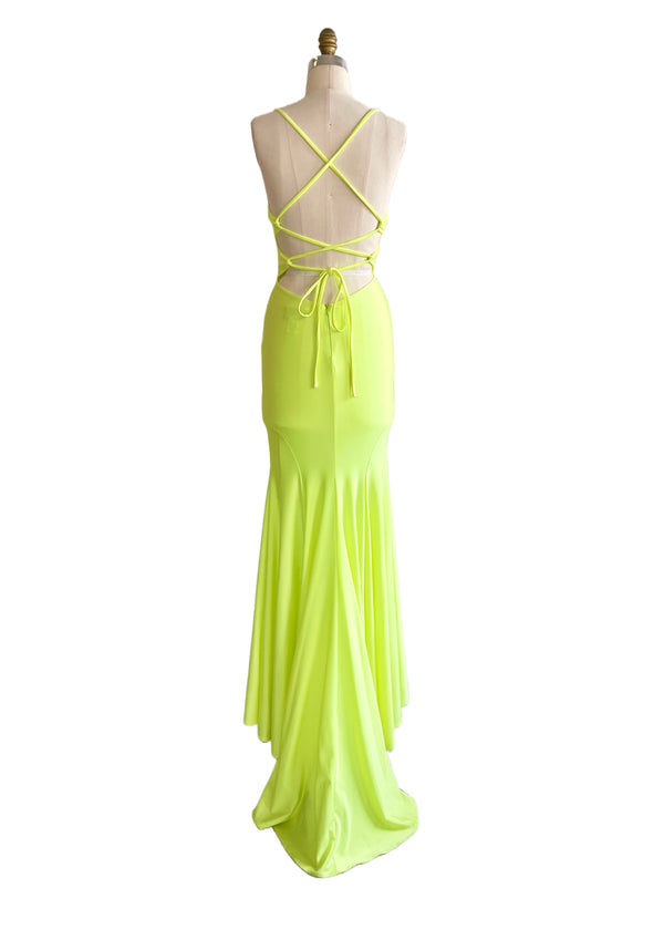 LA FEMME neon yellow evening gown