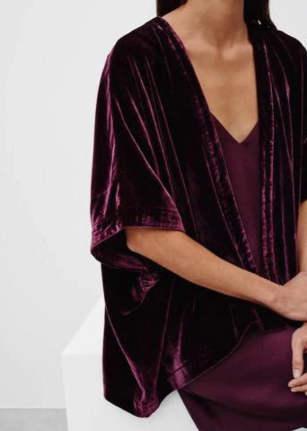 ARITZIA TALULA Women's burgundy velvet 'Fawkner Kimono Cardigan' open front w/ short dolman sleeves & boxy fit, XXS