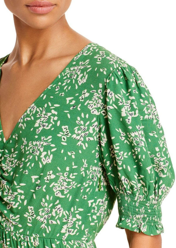 BA&SH green w/ white floral "Vika" v-neck smocked puff-sleeve midi dress, 1 / S
