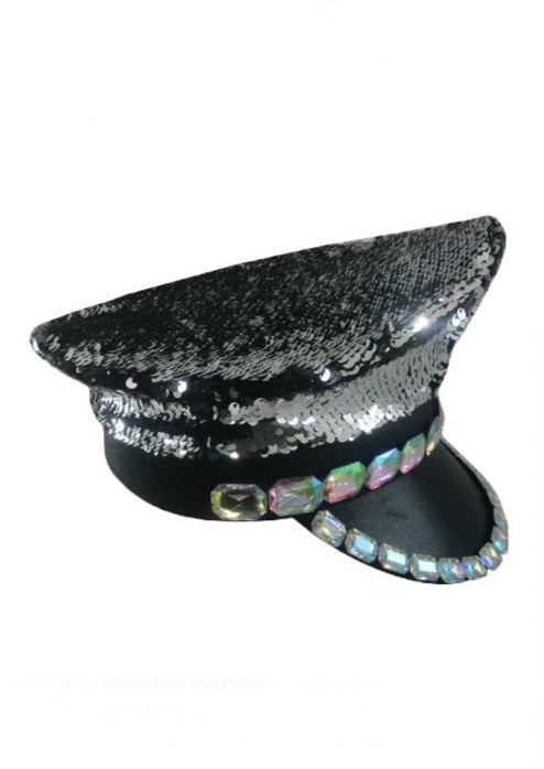 HAT black to silver flip sequins Captain hat adorned with faux jewels, NS