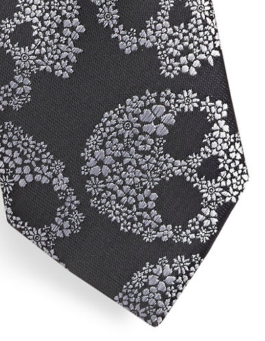 1670 skinny black skull print tie