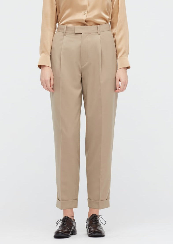 UNIQLO Women's khaki wool blend tapered pleated pants, 10 / 29"