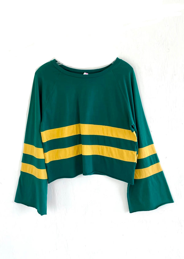 BP. Women's green tee w/ yellow sport stripes & long bell sleeve, XS