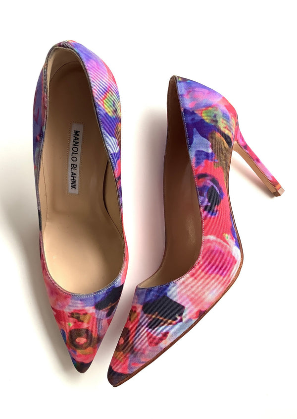 MANOLO BLAHNIK women's pink/purple floral print twill pointy toe pump 3" stilleto