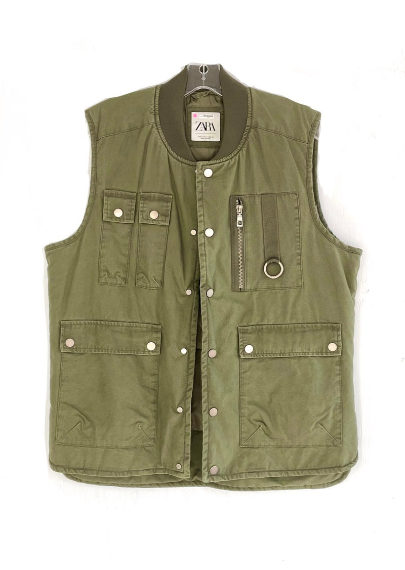 ZARA Mens olive military style lightly padded vest, M
