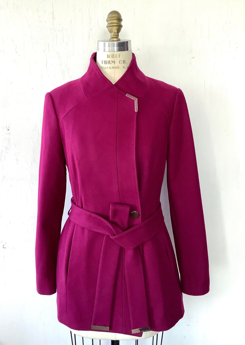 TED BAKER W dark pink coat 3/4 length DB wrap with belt, TB 1 / US 4