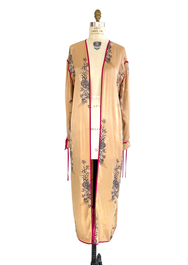 FREE PEOPLE pale peach silk kimono w/ cherry blossom & crane motif, XS