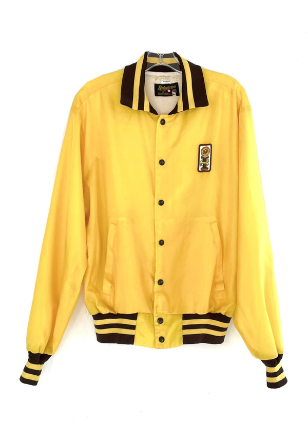 URBAN RENEWAL VINTAGE Mens Upcycled yellow nylon "Swingster" bomber jacket w/ striped brown knit trim, L