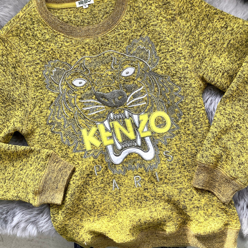 KENZO mustard heathered cotton pullover w/ tiger applique