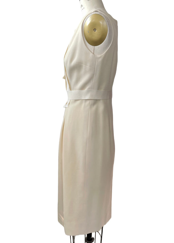 CAROLINA HERRERA Women's cream wool crepe sleeveless sheath dress w/ ribbon detail, 6