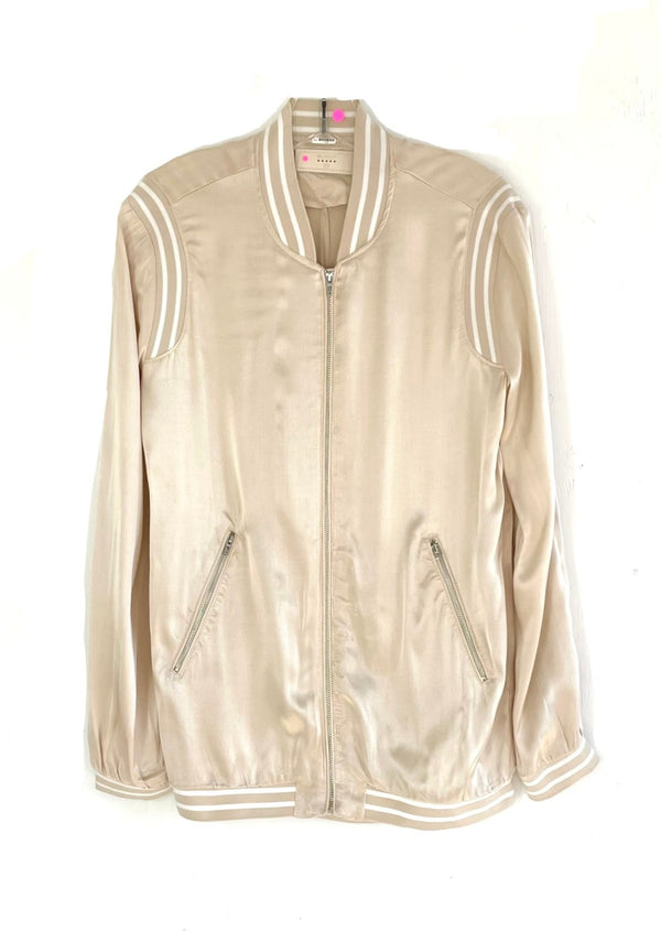 BLANK NYC Women's over size beige satin varsity style bomber jacket, XS