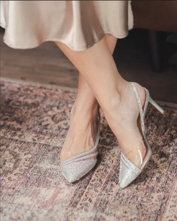KELLY & KATIE Women's “Baven” Silver/Clear Rhinestone Slingbacks, 8.5