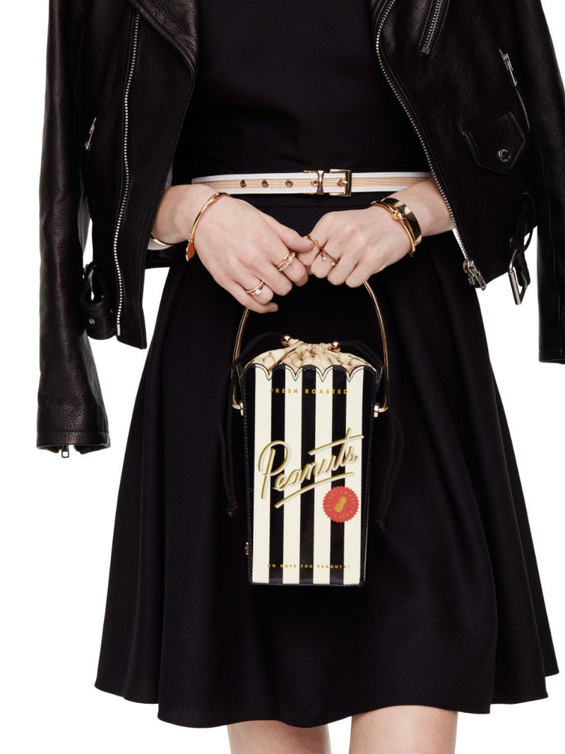 KATE SPADE black & cream patent "Peanuts" gold top handle bag, 6" x 12"