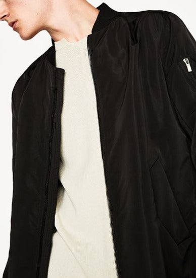 ZARA Mens black nylon long bomber-style jacket, L