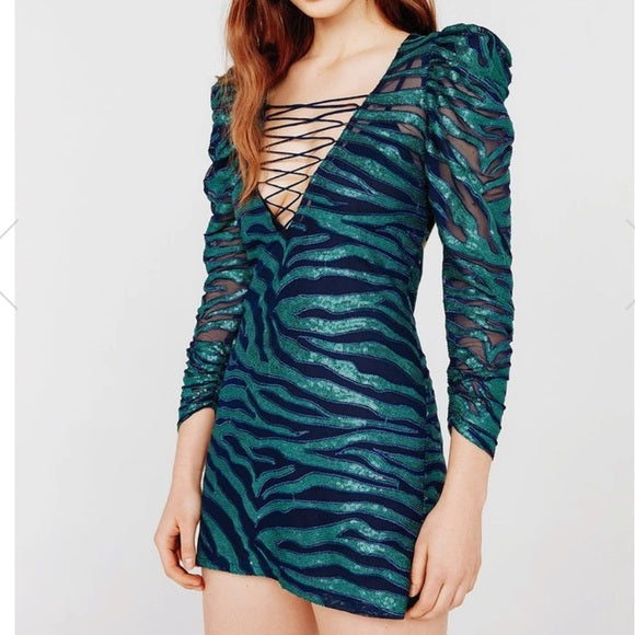 FOR LOVE & LEMONS navy / green sequin "Vixen Tiger" lace-up back mini dress, S