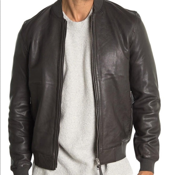 ALL SAINTS Mens dark ash brown leather “Niko” bomber jacket, XS