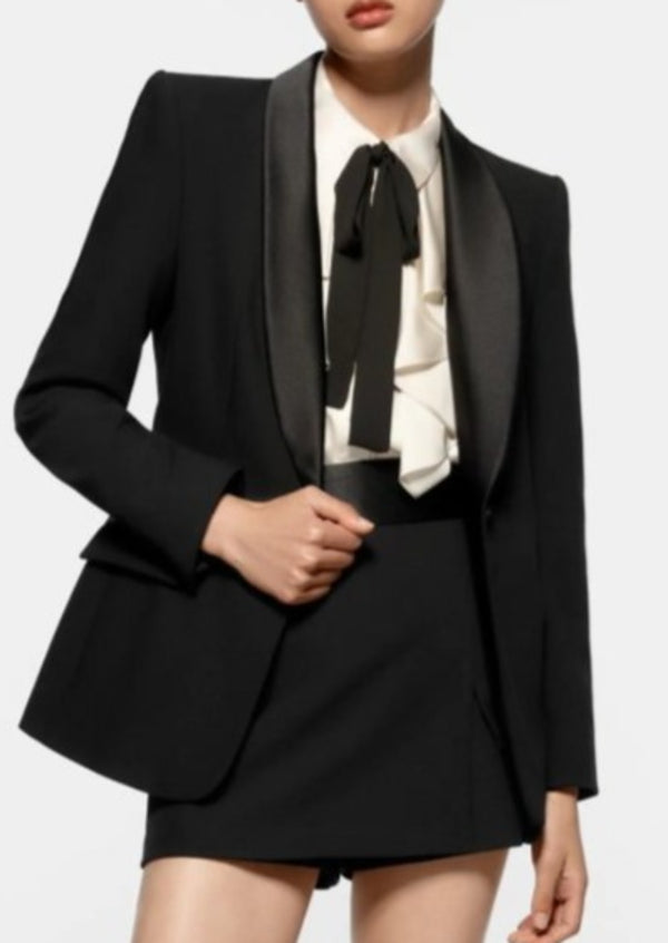 ZARA Women's black one button tuxedo jacket with satin shawl collar, L