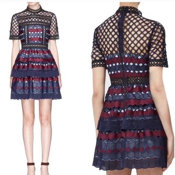 SELF PORTRAIT Women's burgundy/navy Guipure hexagon lace mini dress, size 4