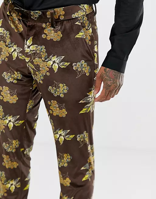 ASOS Mens brown stretch velvet floral slim cut pants, 32X34