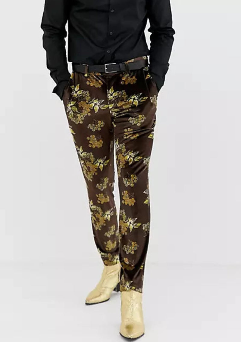 ASOS Mens brown stretch velvet floral slim cut pants, 32X34