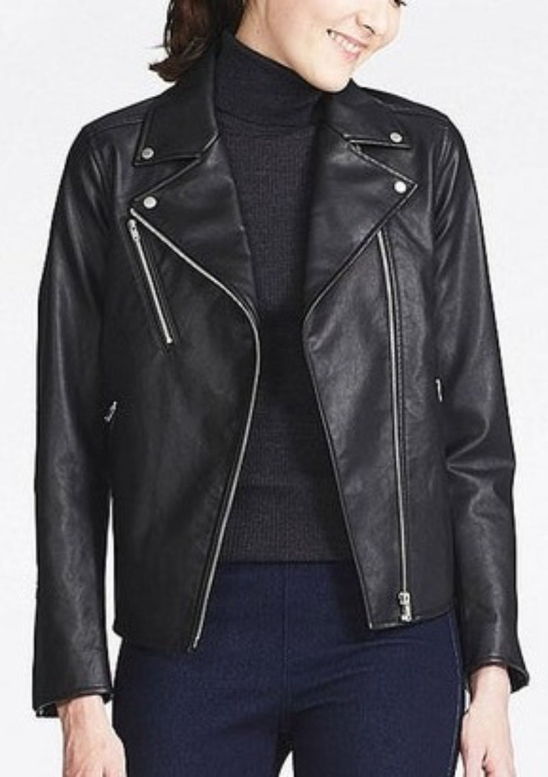 UNIQLO Women's black faux leather moto jacket w/ silver hardware, M