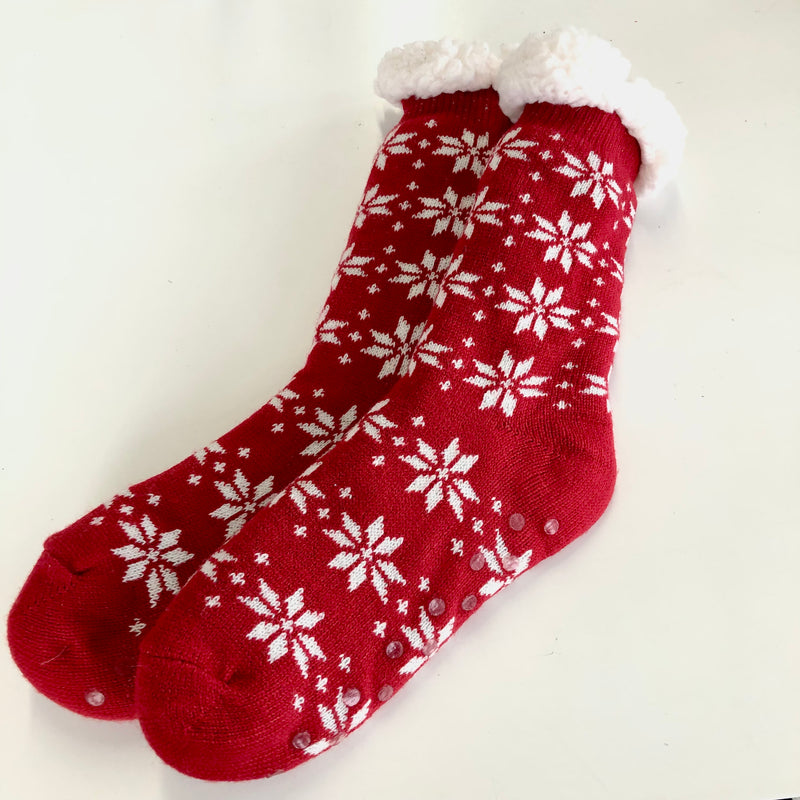 SLIPPER SOCKS Unisex red & white fair Isle w/ plush white lining, NS