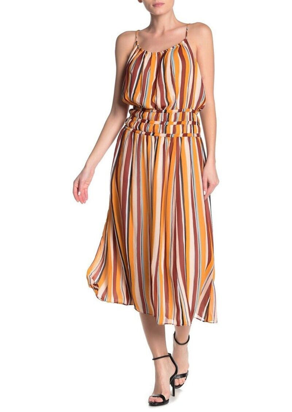 FRAME Women's silk multi striped chiffon spaggeti strap dress,