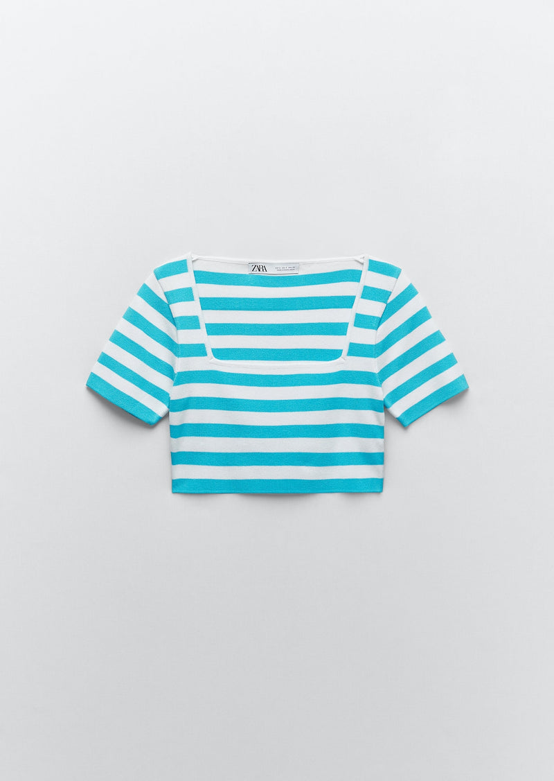 Zara Women's aqua & white stripe crop knit short sleeve squared-neckline top, L